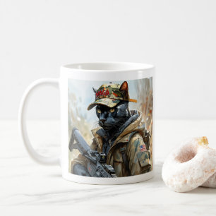 Taza De Café Gato Guay MAGA con arma y pancarta NEGRA de camufl