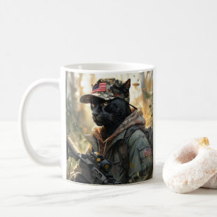 Taza De Café Gato Guay MAGA con arma y pancarta NEGRA de camufl