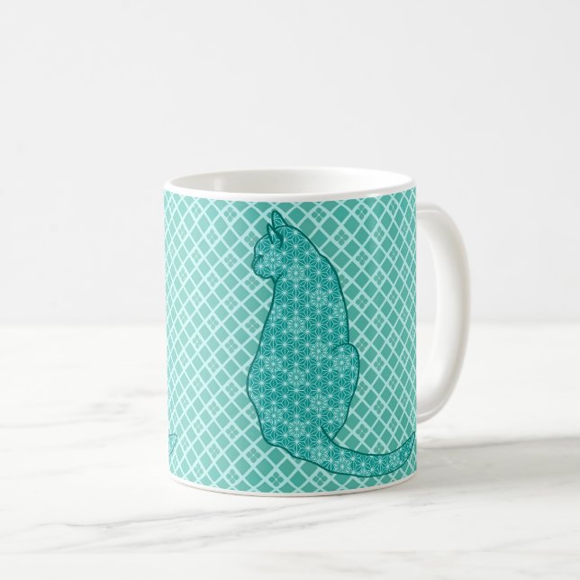 Taza De Café Gato japonés - Impresión de kimono turquesa (Anverso derecho)