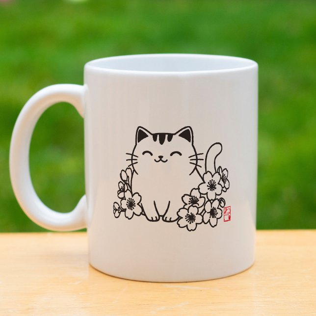 Taza De Café Gato japonés lindo y Sakura con sello "Neko" (Subido por el creador)