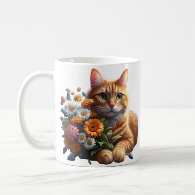 Taza De Café Gato jengibre con ramo de flores (Izquierda)