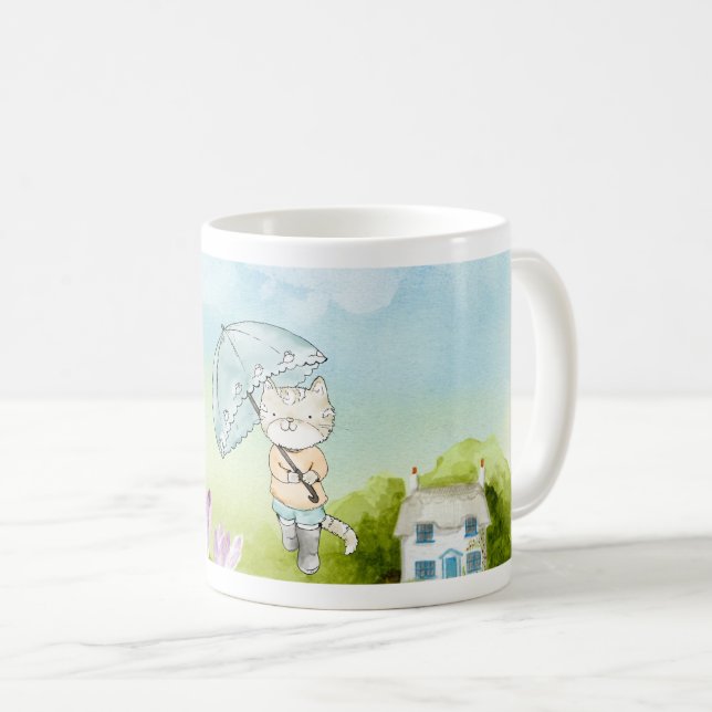 Taza De Café Gato juguetón con mariposa y paraguas en la natura (Anverso derecho)