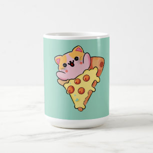 Taza De Café Gato Kawaii Abrazando Pizza de Pepperoni Dibujo An