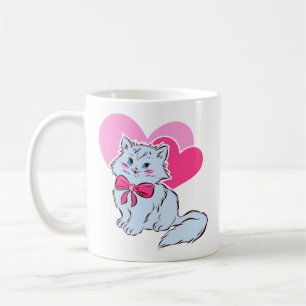 Taza De Café Gato Kawaii Azul con Lazo Rosa y Corazones