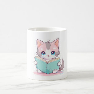 Taza De Café gato kawaii lindo con libro