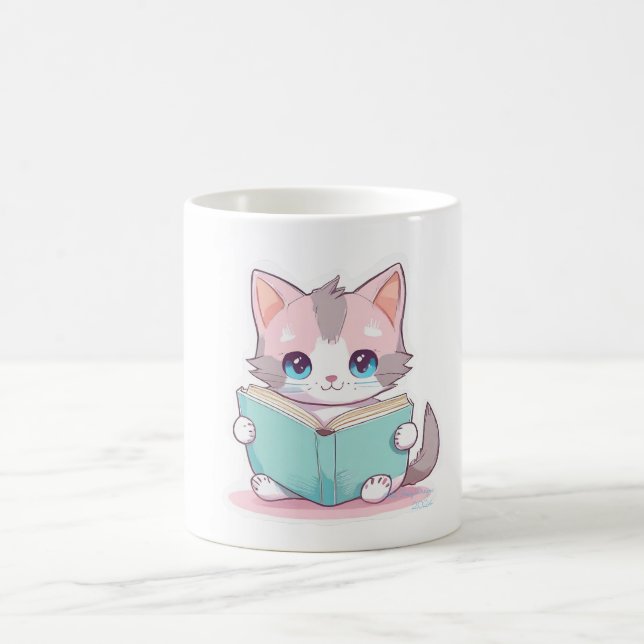 Taza De Café gato kawaii lindo con libro (Centro)