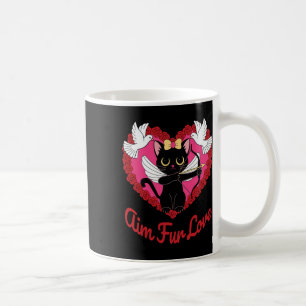 Taza De Café Gato Kawaii Negro Cupido Con Corazón Y Piel De Ros