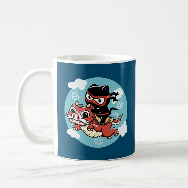 Taza De Café Gato Kawaii Ninja montando un dragón rojo (Izquierda)