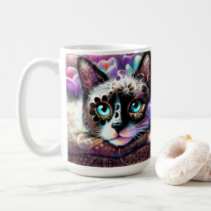 Taza De Café Gato kitano siamés crocus floral morado blanco Ver