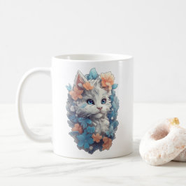 Taza De Café Gato Kitty Floral Blanco Lindo