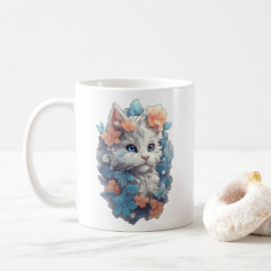 Taza De Café Gato Kitty Floral Blanco Lindo