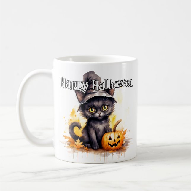 Taza De Café Gato Kitty Negro | Feliz Halloween (Izquierda)