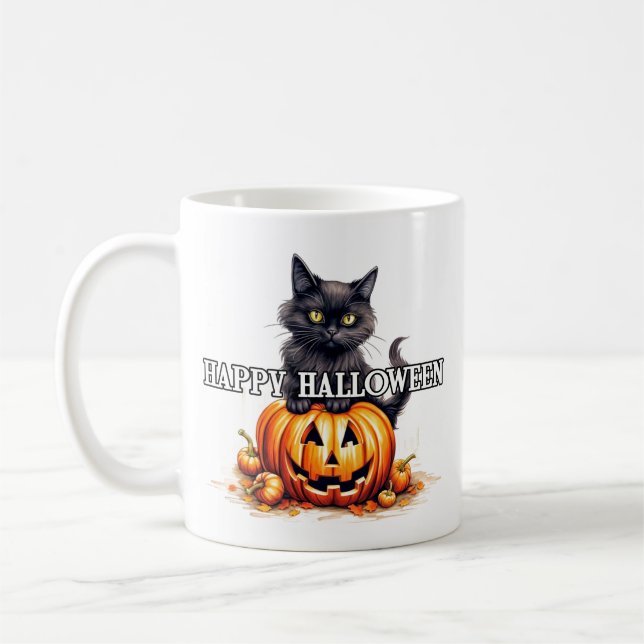Taza De Café Gato Kitty Negro | Feliz Halloween (Izquierda)