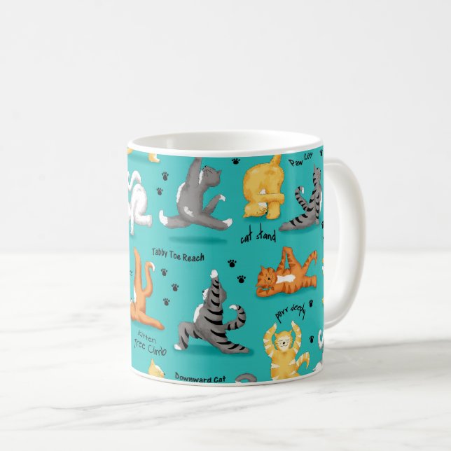Taza De Café Gato Kitty Yoga Poses Azul Turquesa (Anverso derecho)