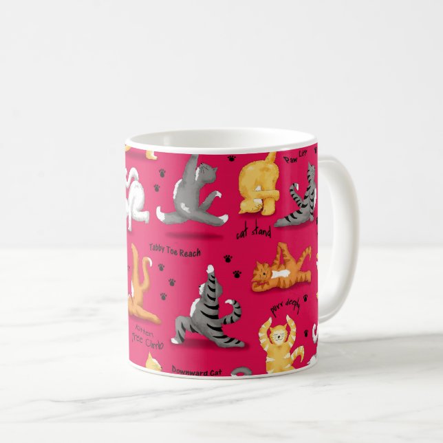 Taza De Café Gato Kitty Yoga Poses Rojo Amarillo (Anverso derecho)
