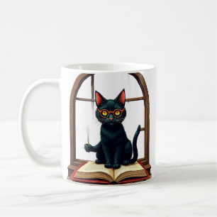 Taza De Café Gato Lector de Dark Academia Sticker de Libros Vin