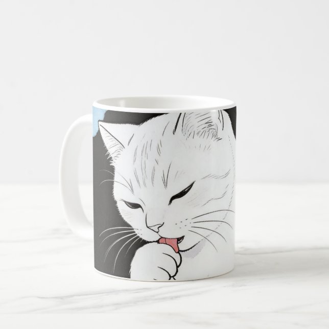 Taza De Café Gato limpiando su pata (Anverso izquierdo)