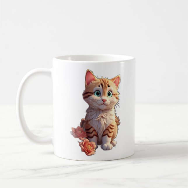Taza De Café Gato lindo con flores hermosas (Izquierda)