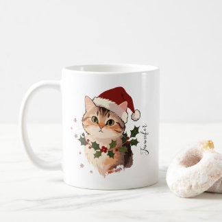 Taza De Café Gato lindo con sombrero de Navidad Nombre Personal