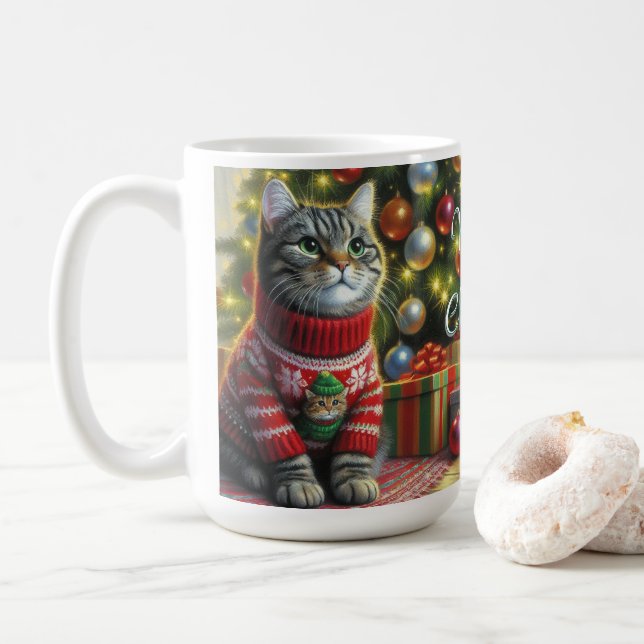 Taza De Café Gato lindo en suéter Navidad (Con donut)