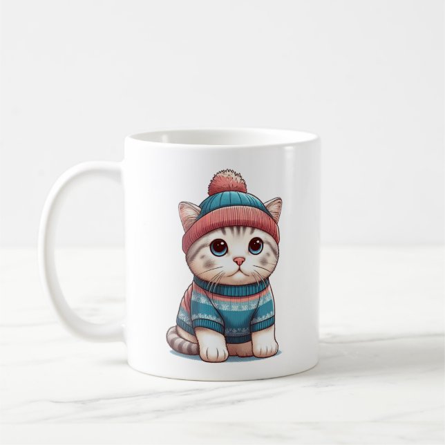 Taza De Café Gato lindo en un suéter y beanie (Izquierda)