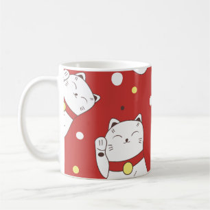 Taza De Café Gato Maneki-Neko, patrón de doodle japonés.