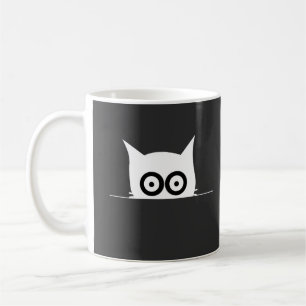 Taza De Café Gato Minimalista Espiando Pequeño Cofre Blanco y N