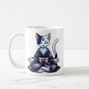 Taza De Café Gato Místico Meditando en Kimono Floral