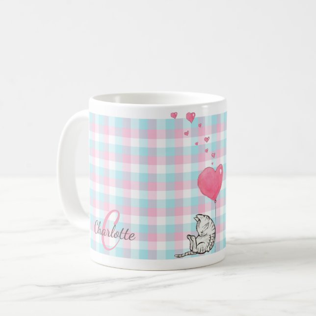 Taza De Café Gato monograma moderno con sueño azul rosado (Anverso izquierdo)
