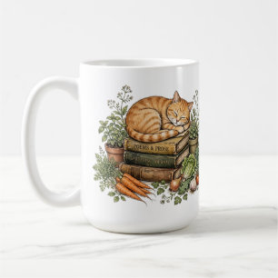 Taza De Café Gato Naranja Acogedor Durmiendo sobre Libros