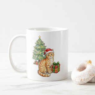 Taza De Café Gato Naranja Atigrado Lindo con Sombrero de Santa