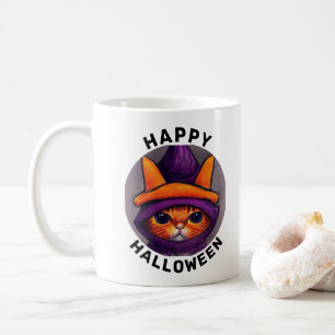 Taza De Café Gato Naranja con Sombrero de Bruja Morado Hallowee