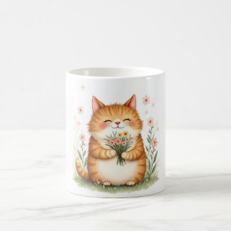 Taza De Café Gato naranja con un ramo de flores