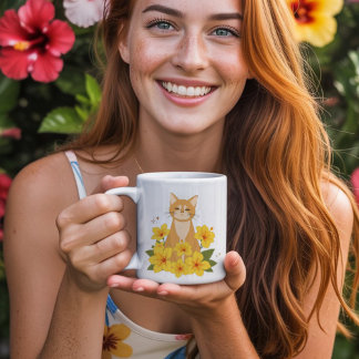 Taza De Café Gato naranja rodeado de flores amarillas hibiscus