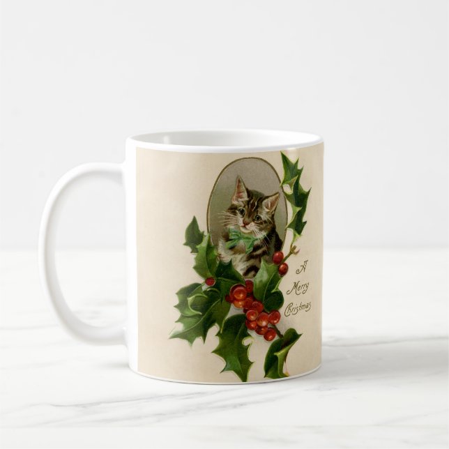 Taza De Café Gato Navidades Merry Holly Kitten Arte Antiguo (Izquierda)