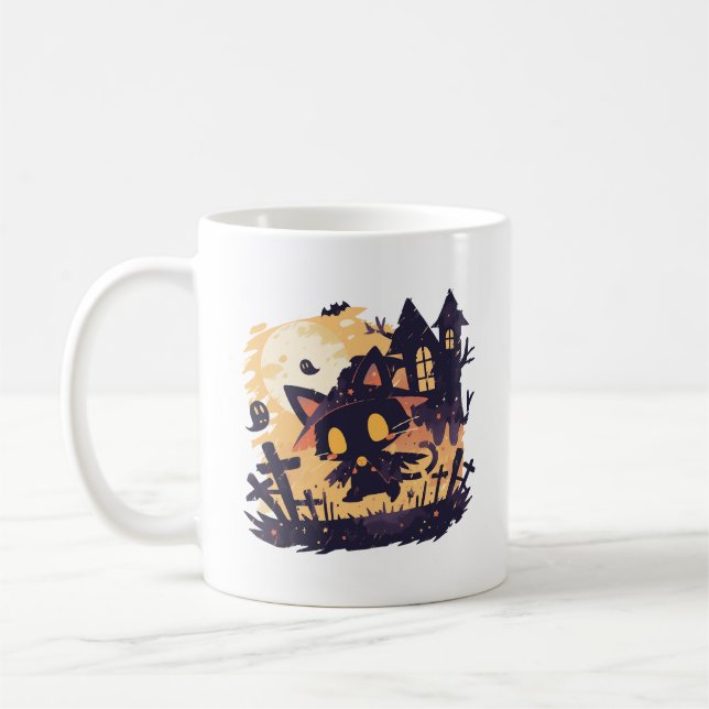 Taza De Café Gato negro brujo en la noche de Halloween (Izquierda)