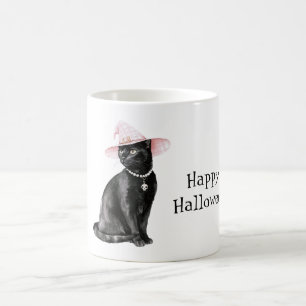 Taza De Café Gato Negro Chic Sombrero Rosa Halloween