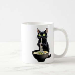 Taza De Café Gato negro comiendo fideos de Ramen comida japones