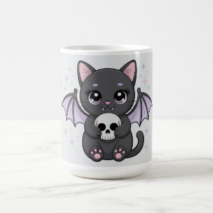 Taza De Café Gato negro con alas de murciélago moradas abrazand