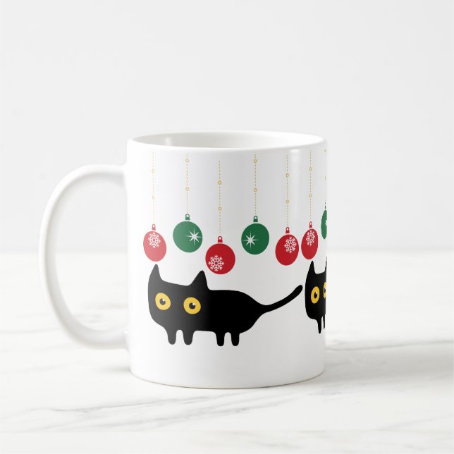 Taza De Café Gato negro con hongo de ornamento de Navidad (Izquierda)