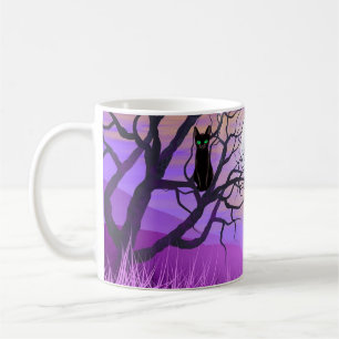 Taza De Café Gato negro con luna llena y cielo nocturno morado