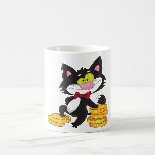 Taza De Café Gato Negro Con Monedas Personaje De Dinero Lindo