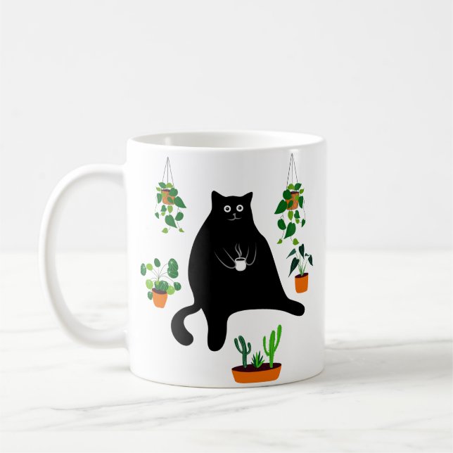 Taza De Café Gato negro con plantas, regalo divertido para gato (Izquierda)