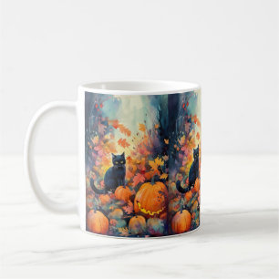 Taza De Café Gato Negro de Halloween con Calabazas Espeluznante
