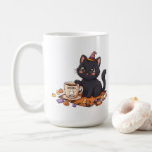 Gato negro de Halloween espeluznante y cafeinado