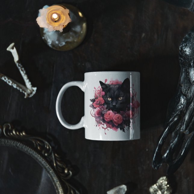 Taza De Café Gato negro de Halloween floral (HALLOWEEN PINK BLACK CAT MUG)