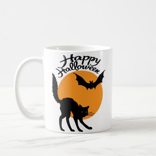 Taza De Café Gato negro de Halloween y murciélago con luna, hal (Izquierda)