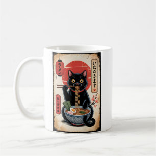 Taza De Café Gato negro divertido comiendo ramen arte japonés v