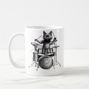 Taza De Café Gato Negro Divertido de Mujer Tocando Batería Gati