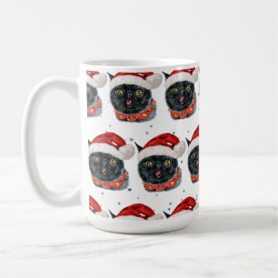 Taza De Café Gato negro divertido de Navidad en acuarela
